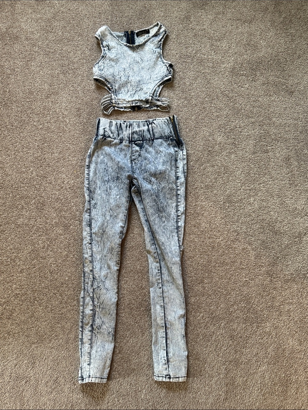 Acid Wash Two-Piece Crop Top & High-Waist Pants Set - blue